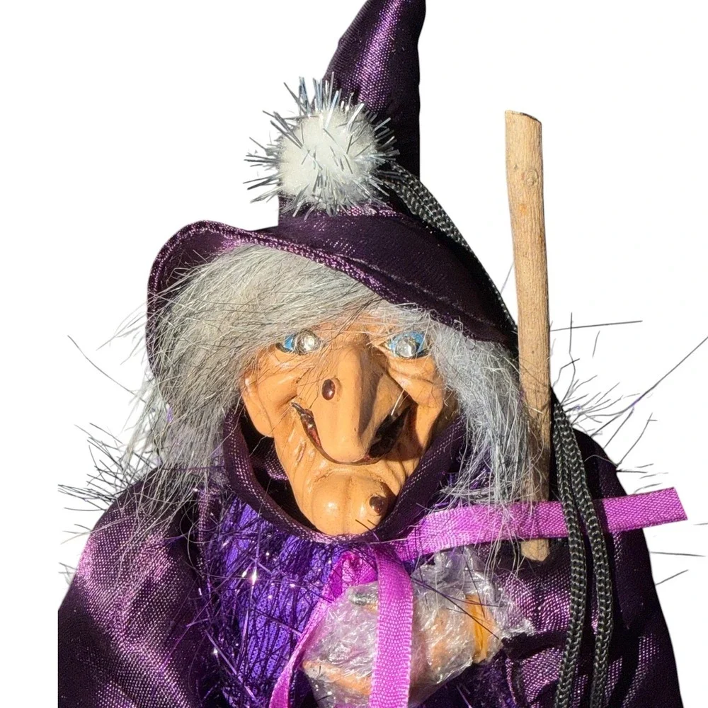 Gothic Halloween Decor Hanging Witch Purple Satin Dress Broom 12.5